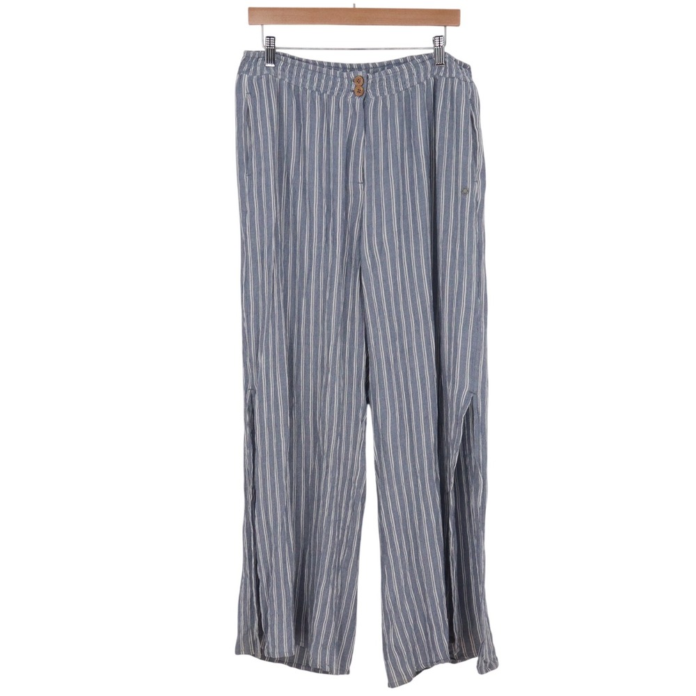 Roxy Wide Leg Pants Womens XL Blue White Striped Side Slit Viscose Excellent